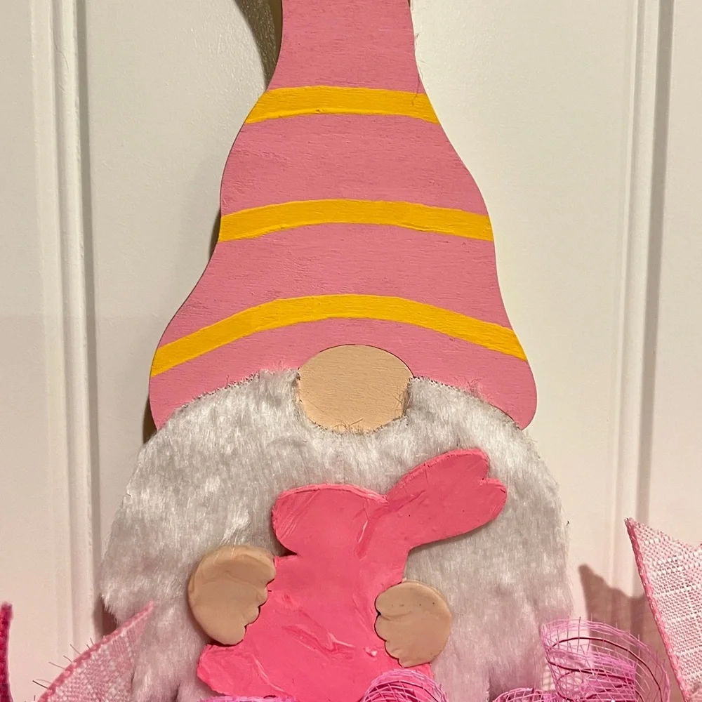 14” Easter Spring Ribbon Bow Wreath Rail Gnome Handmade Pink Orange Hndmd Gr2
